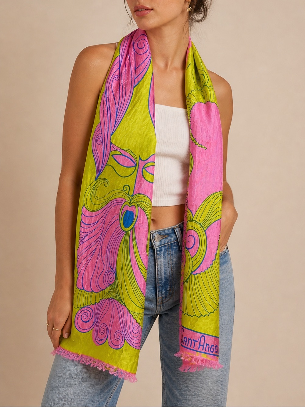 Sant Angelo Psychedelic Face Scarf Neon Pink Green Mod Retro Fringe Wrap